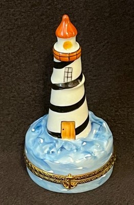 LIMOGES Rochard Peint Main France Porcelain Lighthouse Hinged Trinket Box