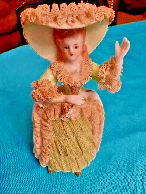 Vintage 1950's 5"Victorian Dresden Lace Porcelain Lady/Woman in Green Lace Gown 