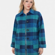 Avoca Checked Wool Mix Coat Size 14 Boxy Fit Blue Turquoise Jade