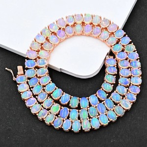 Authentic 38Ct Oval Cut Lab-Created Fire Opal Tennis Necklace 14K Rose Gold Plated