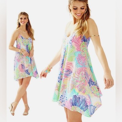 Lilly Pulitzer Clara 100% Silk  Roar Of the Seas  Asymmetric Hem Slip Dress XXS