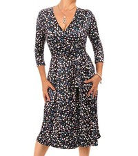 New Black Ditsy Print Slinky Wrap Dress