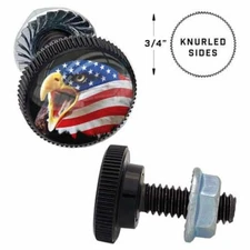 2 SM Black Knurled - License Plate Frame Fastener Tag Bolts - USA FLAG EAGLE B