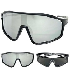 OVERSIZE WRAP AROUND Biker Cycling Shield SUNGLASSES Big Black Frame Chrome Lens