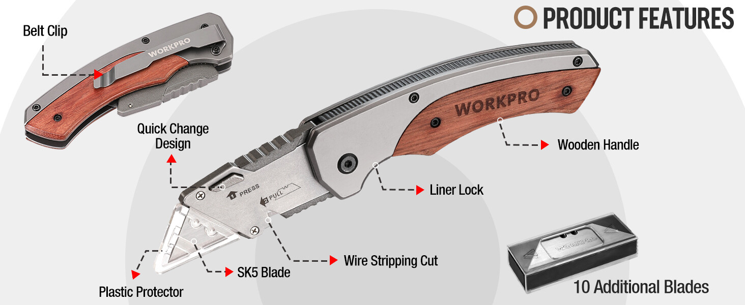 WORKPRO Folding Utility Knife Stainless Steel Head & Liner Lock 10PC SK5 Blades