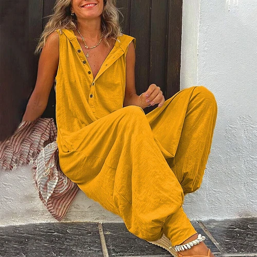 Summer Sleeveless Hooded Romper Button Solid Playsuit Loose Women Jumpsuit Pants - Picture 14 of 21