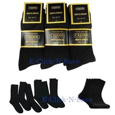 Credos 6~12 Pairs Pack Men's Ribbed Cotton Crew Solid Black Fashion Dress Socks