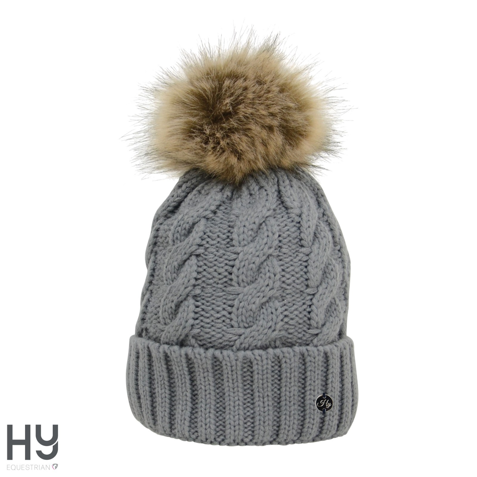 Grey Bobble Hat  Melrose Cable Knit  Hy Equestrian Soft Fleece Lining Warm Comfy