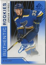 2018 2018-19 SP Game Used Autographs Blue Rookie #187 Jordan Kyrou St Louis