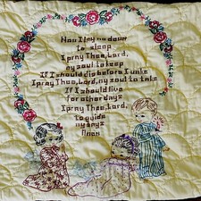 VTG 1950's Baby Quilt CrossStitch Embroidered Satin Edge 46x38 Now I Lay Me Down