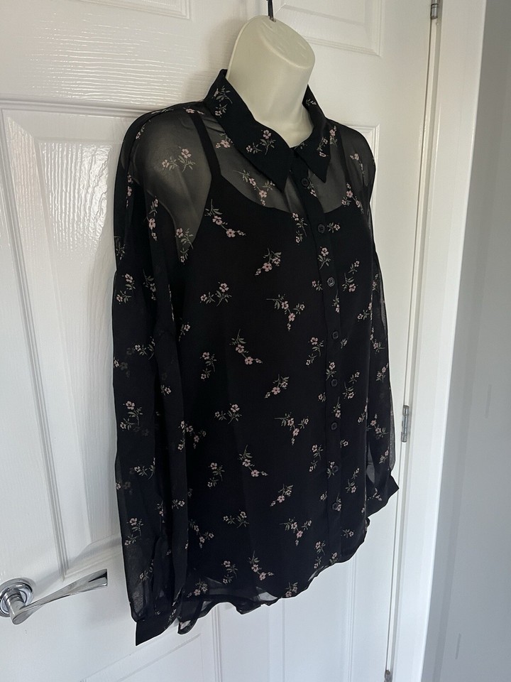 Ladies CAPSULE Black Floral Sheer Long Sleeve Blouse With Cami Size 24