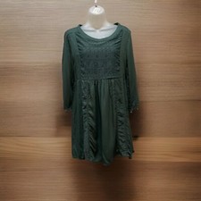 Umgee Green Boho Dress Womens Large Crochet Lace Bib & Pom Pom Sleeves Size S