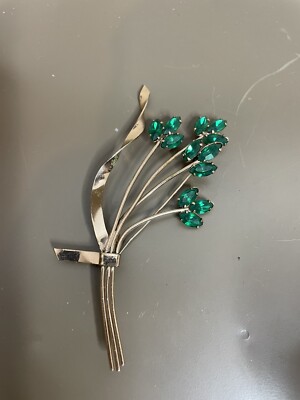 VINTAGE CORO CRAFT Sterling Silver GOLD TONE Brooch Pin EMERALD GREEN Rhinestone