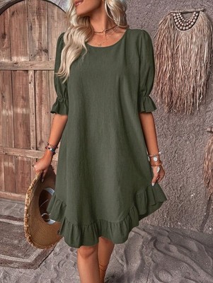 Women's Ruffle Hem Shift Dress 3/4 Sleeve Crew Neck Casual Boho S-3XL