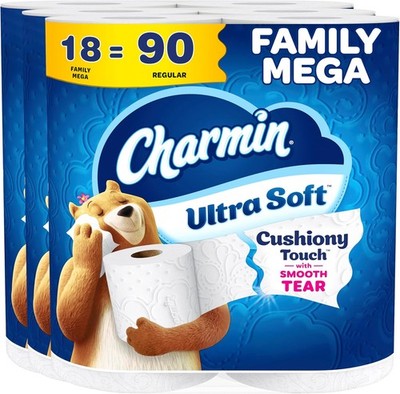 Charmin Ultra Soft Cushiony Touch Toilet Paper, 18 Family Mega Rolls = 90 Regula