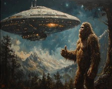 Sasquatch Bigfoot Artwork space ship thumbs up Wall Art Decor 8x10"