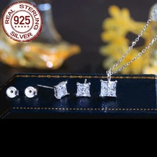 Dazzling Square Zirconia Necklace Earrings Women 925 Sterling Silver Jewelry Set