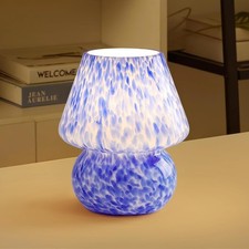 Mushroom Table Lamp, Ocean Blue Translucent Glass - Cute Mid-Century Modern B...