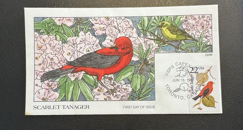 US Scarlet Tanager Collins Handpainted First Day Cover- 1987