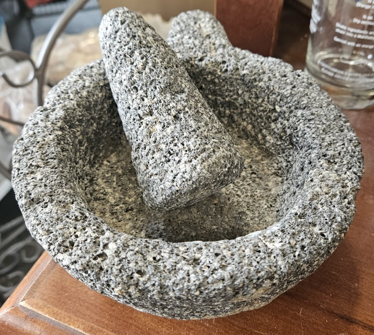 Vtg Mexican Lava Stone Molcajete Mortar Pestle Grinding Stone w/Handle Guacamole