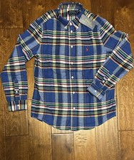 NWT Polo Ralph Lauren Flannel Shirt Youth Boys Button Blue Plaid L 14-16
