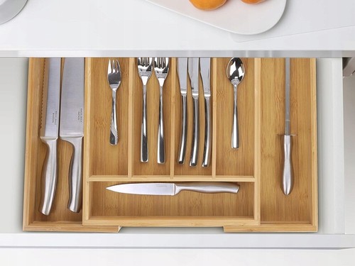 Portaposate Estensibile Cassetto Da Cucina In Legno Bambu 7 Scomparti 37x27-39Cm - Foto 7 di 10