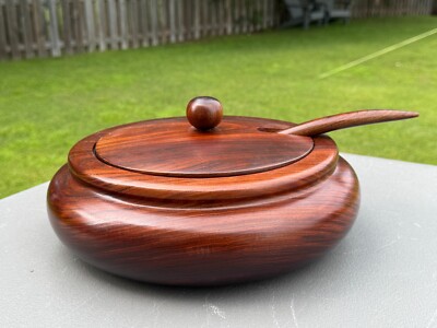 Large Handcrafted Turned Cocobolo Wood Tureen 11'' Lidded Bowl w/Serving Spoon