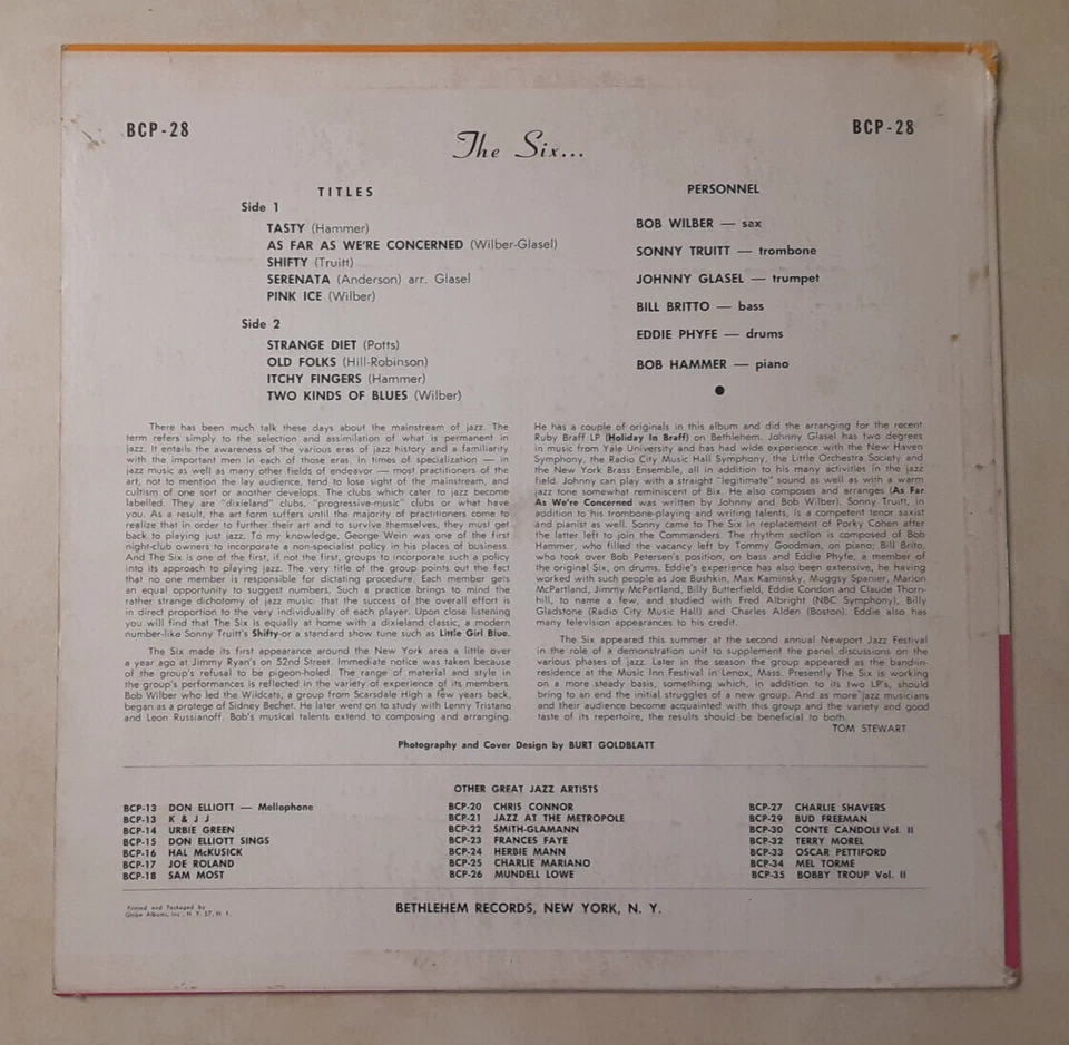 The Six Vinyl LP Cool Jazz Bop Album RARE Bethlehem Records 1955 1950s VG/VG Foto 2 de 4