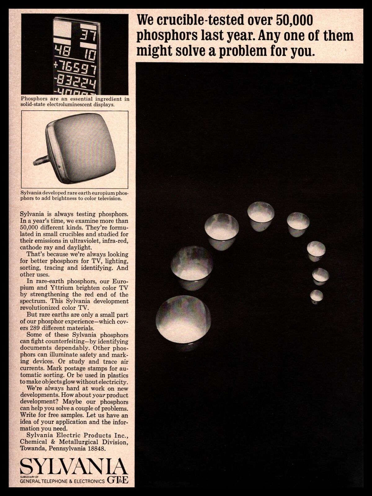 1967 Sylvania Europium Phospors Solid State For TV Sets Vintage GT&E Print Ad