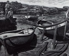 Original Scraperboard, 'Boys on the Breakwater', Lorraine Abraham (1941-2023)