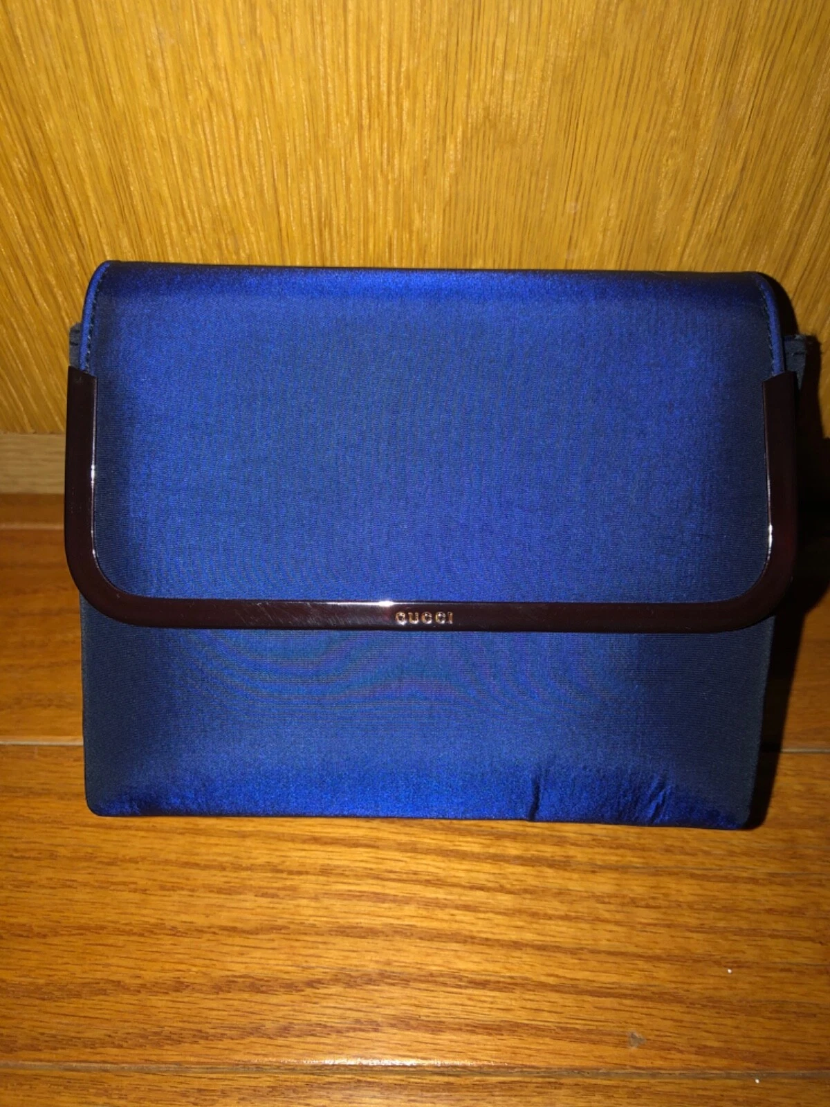 Pochette pochette cosmétique vintage GUCCI bleu marine cobalt soie irisée taffetas