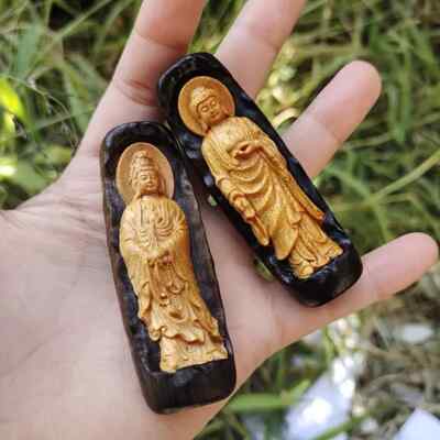 Grade A Natural Wood Carving Guanyin Rulaifo Buddha Couple 2pcs Blessing Pendant