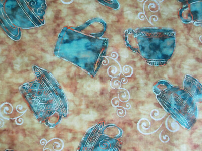 MOD COFFEE CUPS DRINKS BRIGHT COLORS BLUE TAN DIGITAL COTTON FABRIC FQ