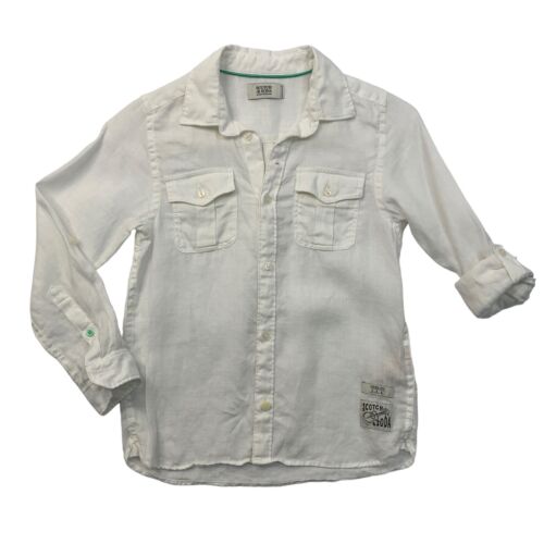 Scotch & Soda Linen Shirt Youth Boys 8 White Button Up Pockets Tab Long Sleeve - Picture 1 of 12