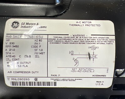 GE G.E. MOTOR INDUSTRIAL AIR COMPRESSOR MOTOR 5KCR49ZN8165U 6 HP