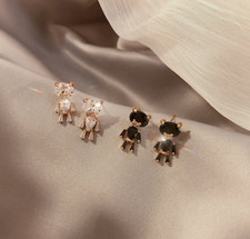 Cute White/Black Movable Teddy Bear Gold CZ Stud Earrings