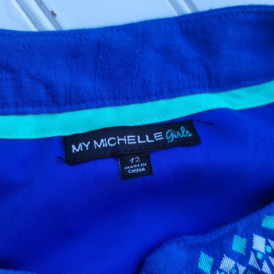 My Michelle Royal Blue Dress Girls 12 White Lace Primt Country Knee Length - Image 2 of 4