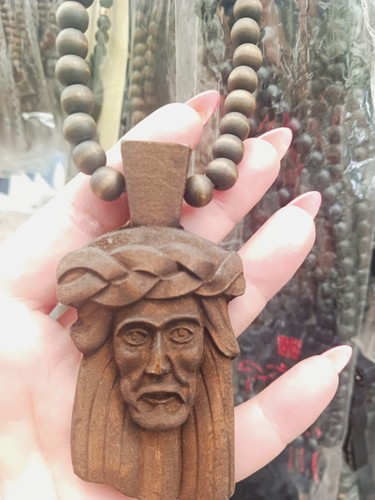 3D Wood Long Jesus Head Piece Christ Religious Beaded Necklace Pendant Hip Hop - Picture 10 of 11