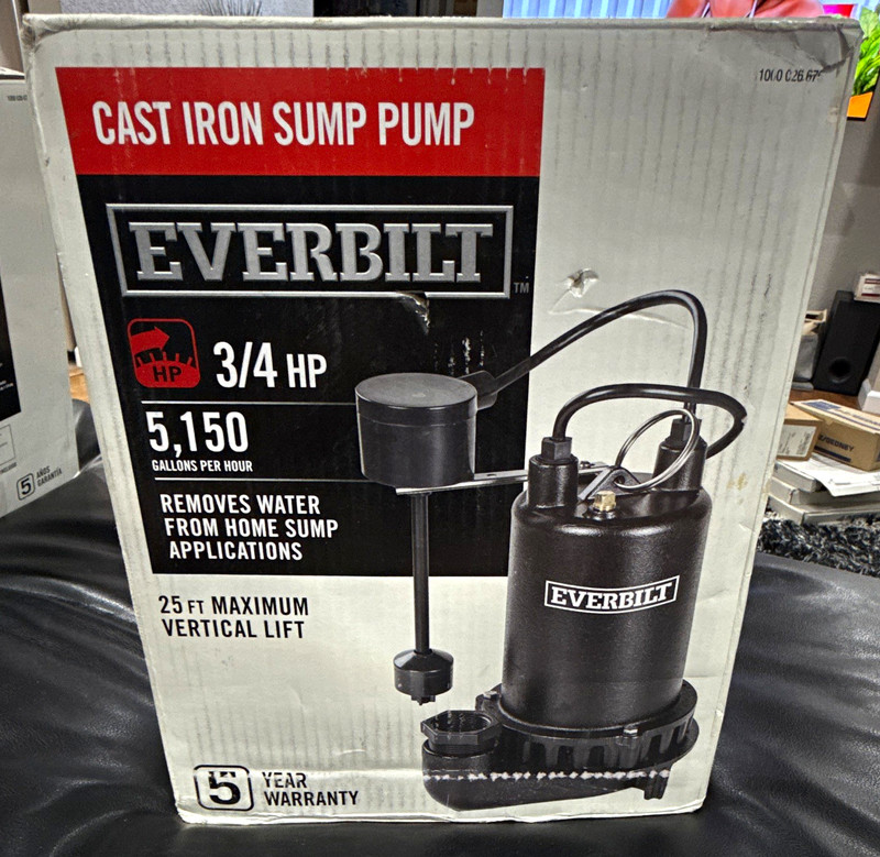 Everbilt Cast Iron Sump Pump 3/4 HP 5150 GPH Float Switch 115V 1-1/2"