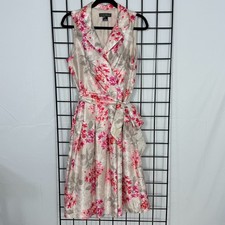 Jessica Howard Dress Womens 10 Ivory Pink Floral Sleeveless A-Line Belted V-neck