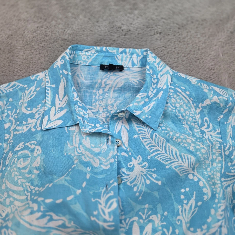 Vestido Camisa Talbots 6P Mezcla de Lino Azul Floral Tropical Manga 3/4 Botón Delantero Foto 2 de 4