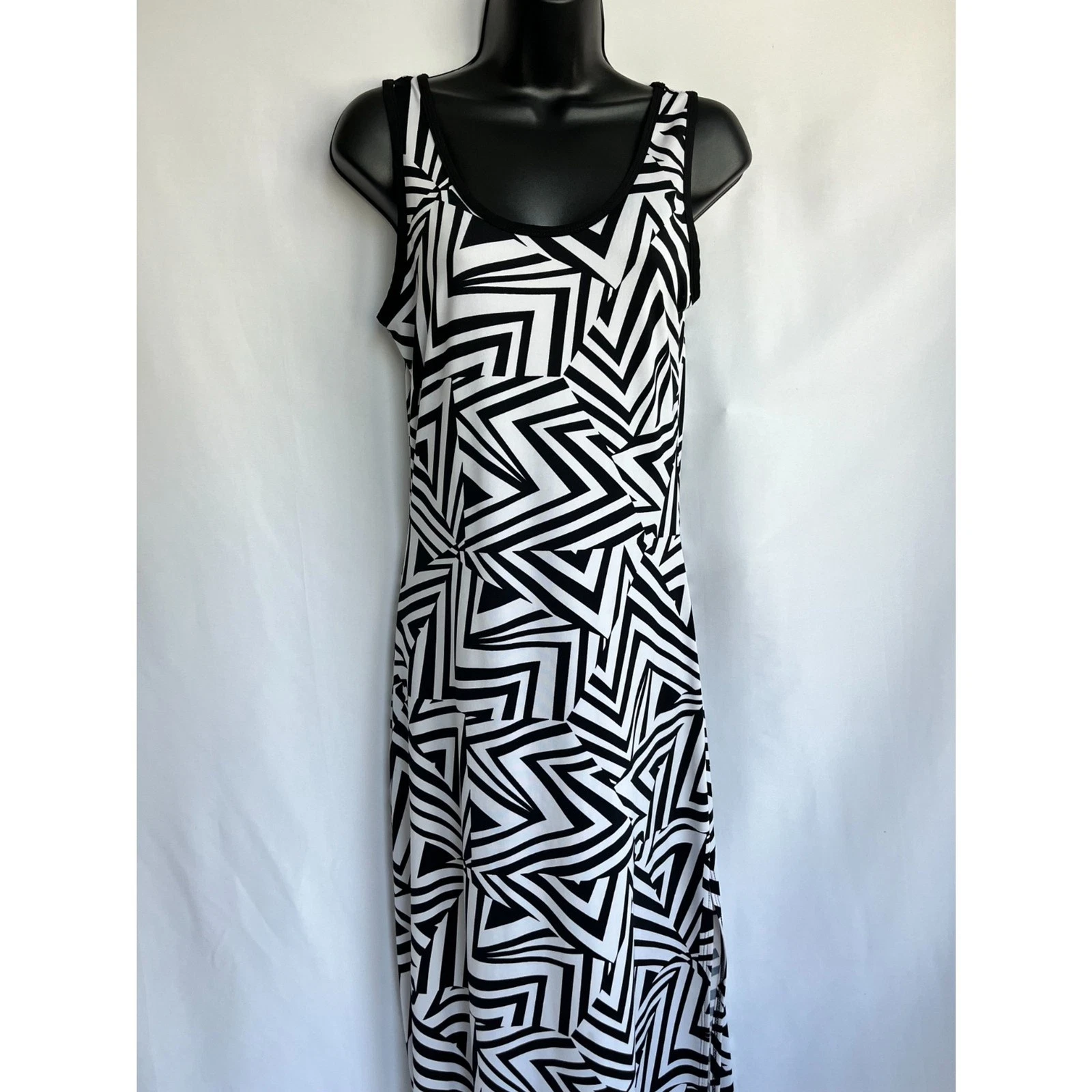 Maxi abito astratto Celine by Champion Y2K taglia M anni 90 retrò bianco e nero floreale