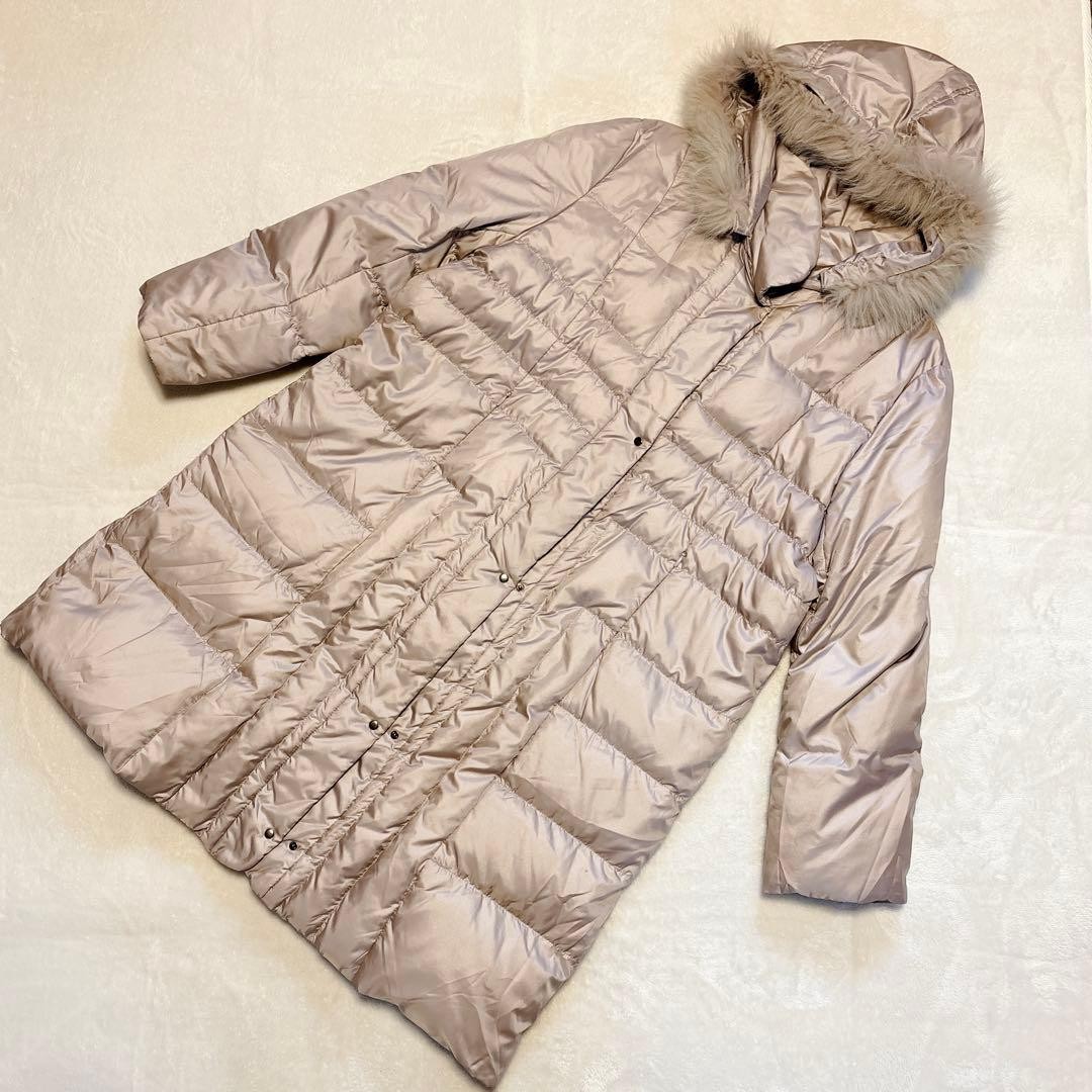 Beige Long Down Coat with Fox Fur Hood Size L