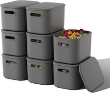 8 Pack Dark Grey Storage Bins with Lids Stackable Storage Container for