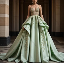 Green Strapless Evening Dress Satin A-Line Lady Formal Prom Ball Gown Robes De