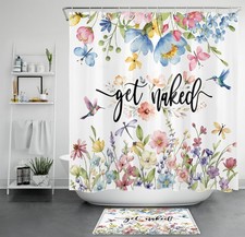 Cute Hummingbird Blue Watercolor Floral Shower Curtain Bathroom Accessories Set