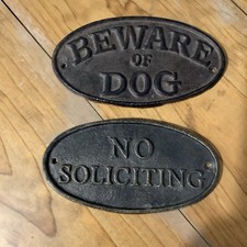 Beware of Dog  No Soliciting Signs Cast Iron Black 3.5  by 6.5  Approx. Oval