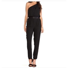 Halston Heritage Black One Shoulder Jumpsuit Draped Neckline Womens Size 8