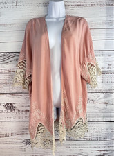 Fairy Boho Crochet Trim Pink Duster Cardigan OS Embroidered Whimsical Coastal
