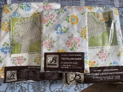 Vintage Bibb Floral Trellis Sheet Set Flat + Fitted + 2 Pillowcases NOS Sealed
